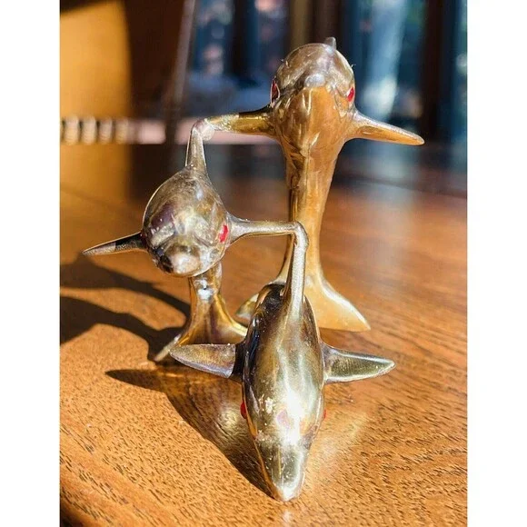 VTG Brass Swimming Jumping Three Dolphins Figurine Sculpture Statue 3.5” Marine - Picture 5 of 11